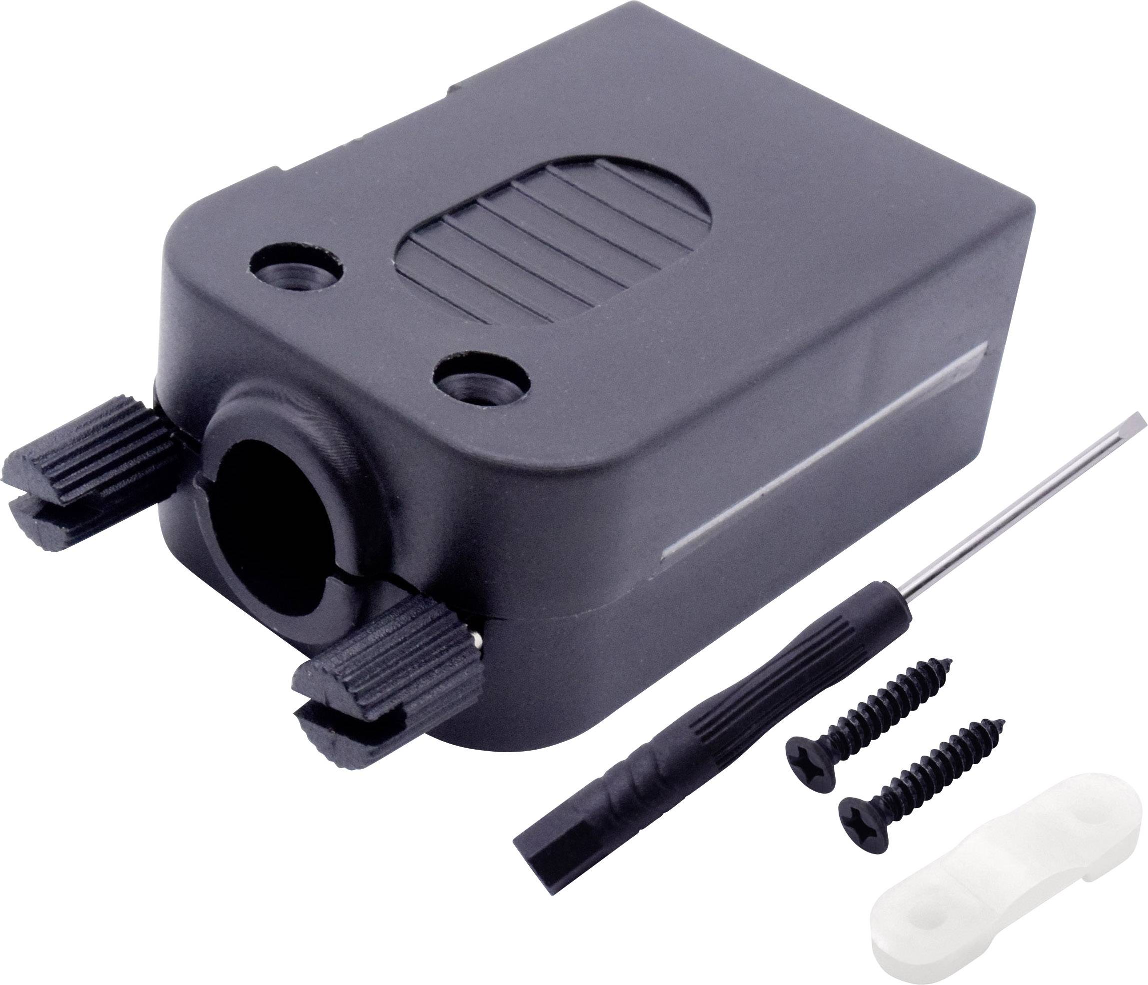 Schwarzes Kunststoffgehäuse mit zwei Schrauben, Schraubendreher und weißem Befestigungsteil, vermutlich für Montagezwecke.