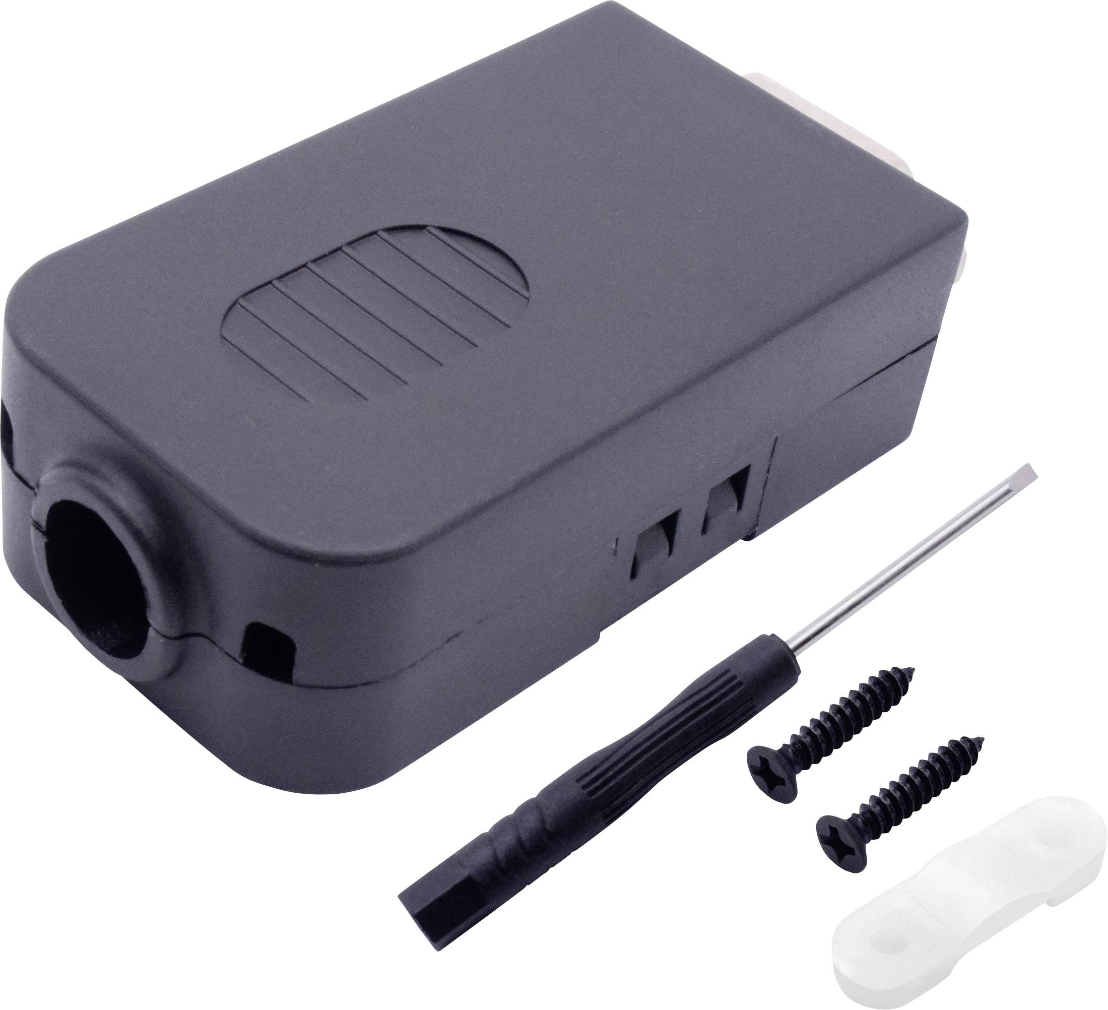 Ein schwarzes rechteckiges Gehäuse mit zwei Schrauben, einem Schraubendreher und einem Befestigungsclip.