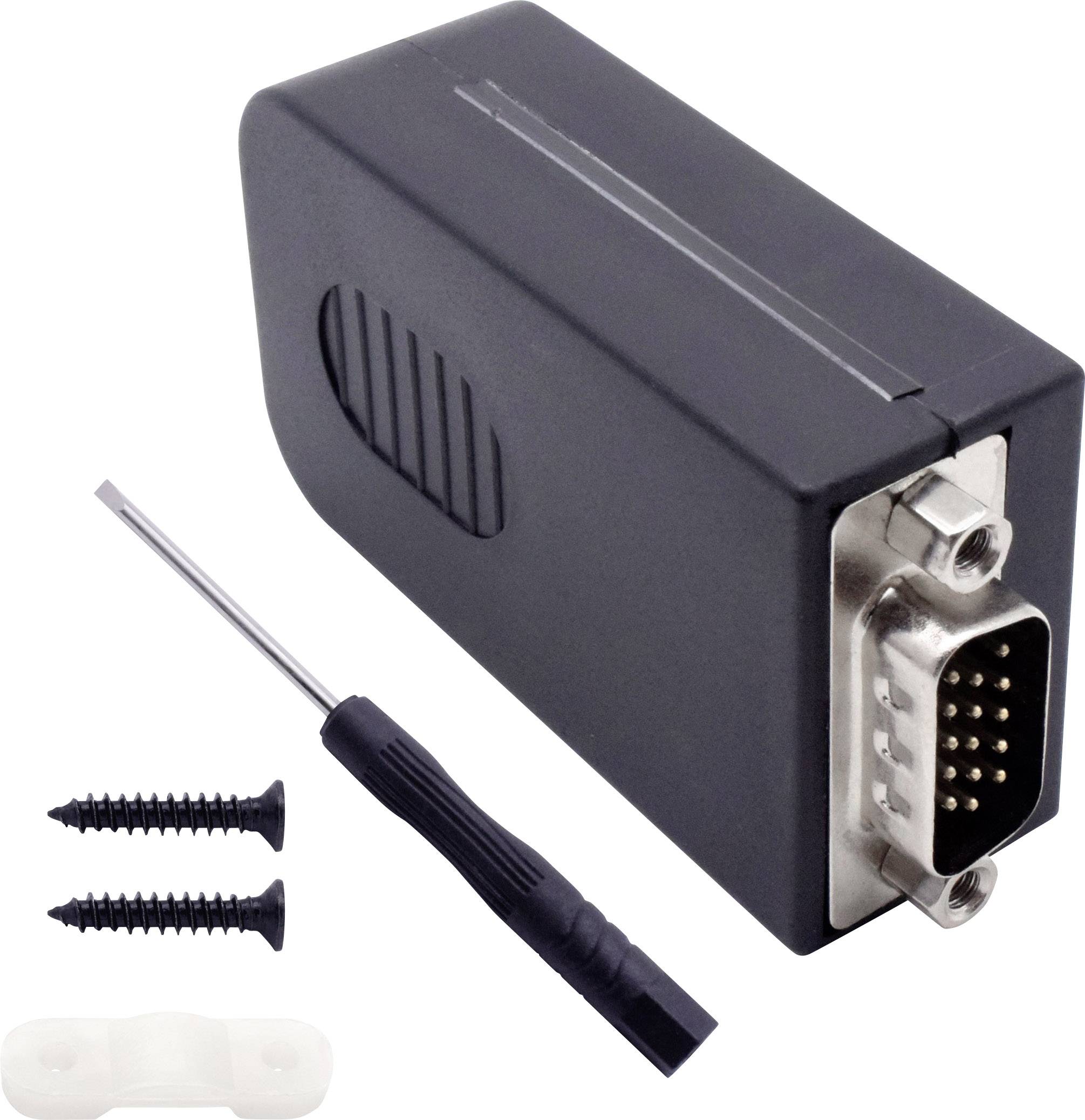 Schwarzer Adapter mit VGA-Anschluss, Schraubenzieher und zwei Schrauben, zum Verbinden von Geräten.