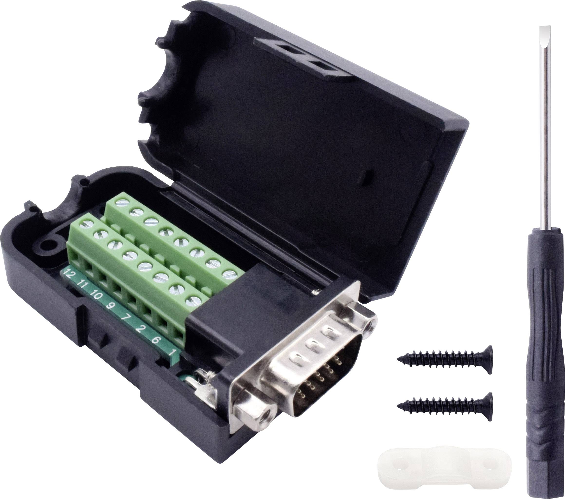 'Neunpoliger DSUB-Adapter mit Schraubklemmen in einem offenen Gehäuse, Schraubendreher und Montageteilen.'