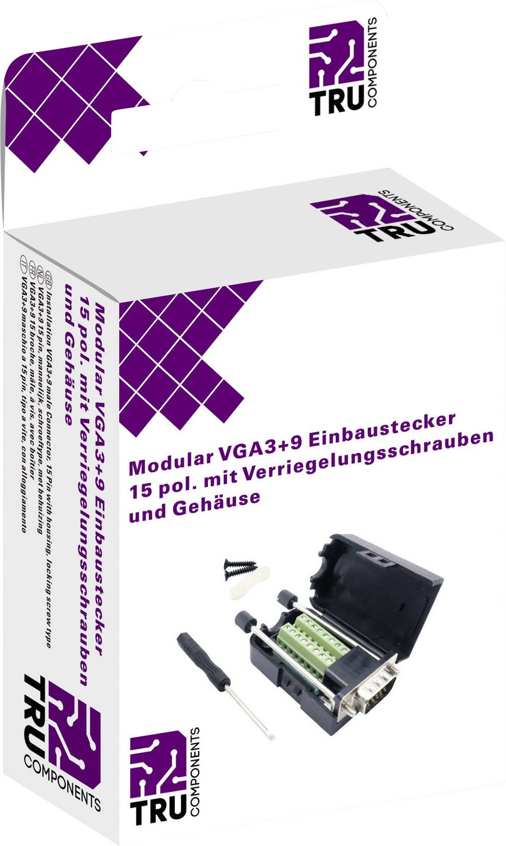 Verpackung eines modularen VGA-Einbausteckers mit 15 Polen, Verriegelungsschrauben und Gehäuse abgebildet. Enthält Montageanleitung.