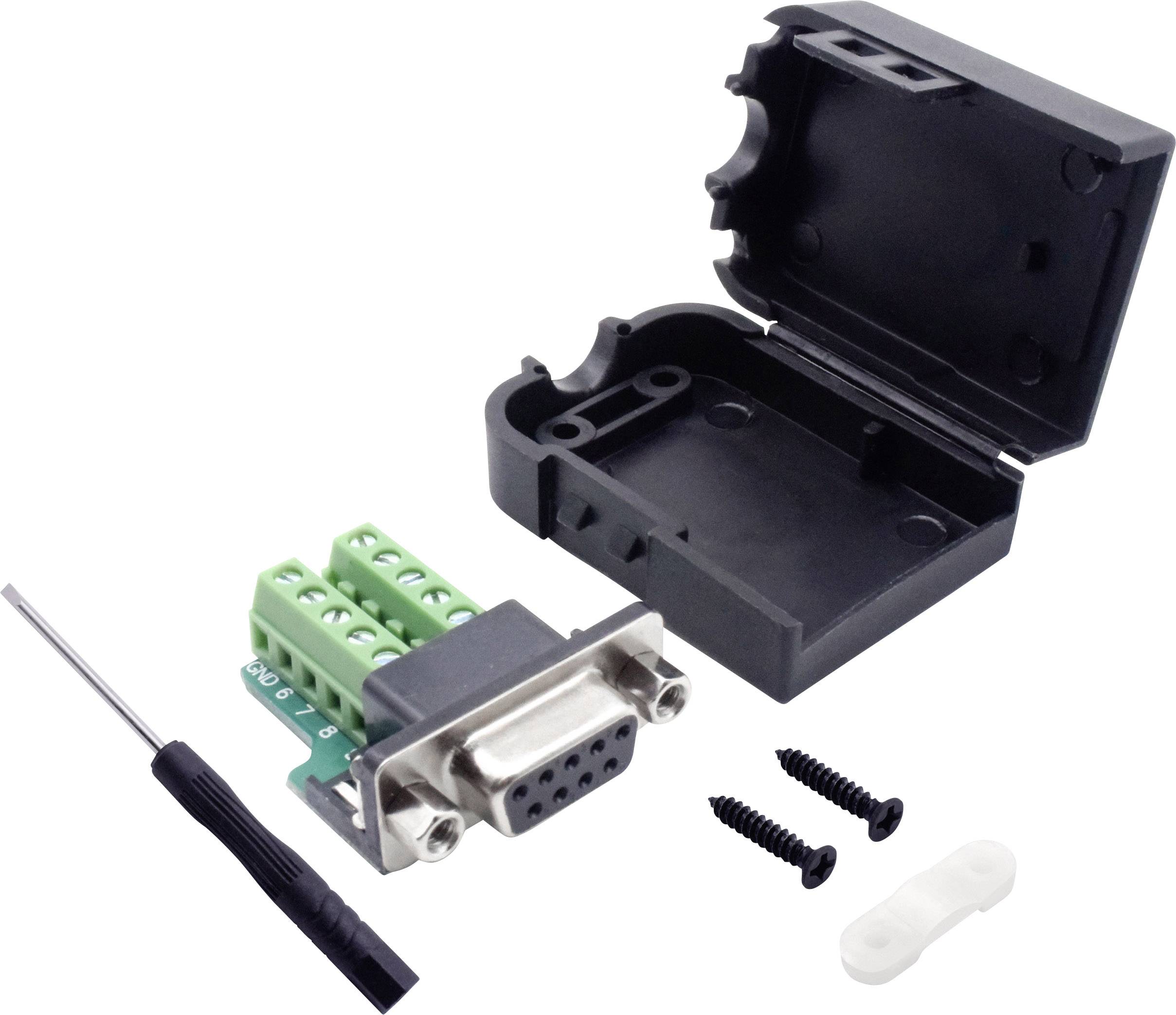 Offener schwarzer Gehäusekasten mit einem 9-poligen D-Sub-Stecker, einem kleinen Schraubenzieher und zwei Schrauben daneben.