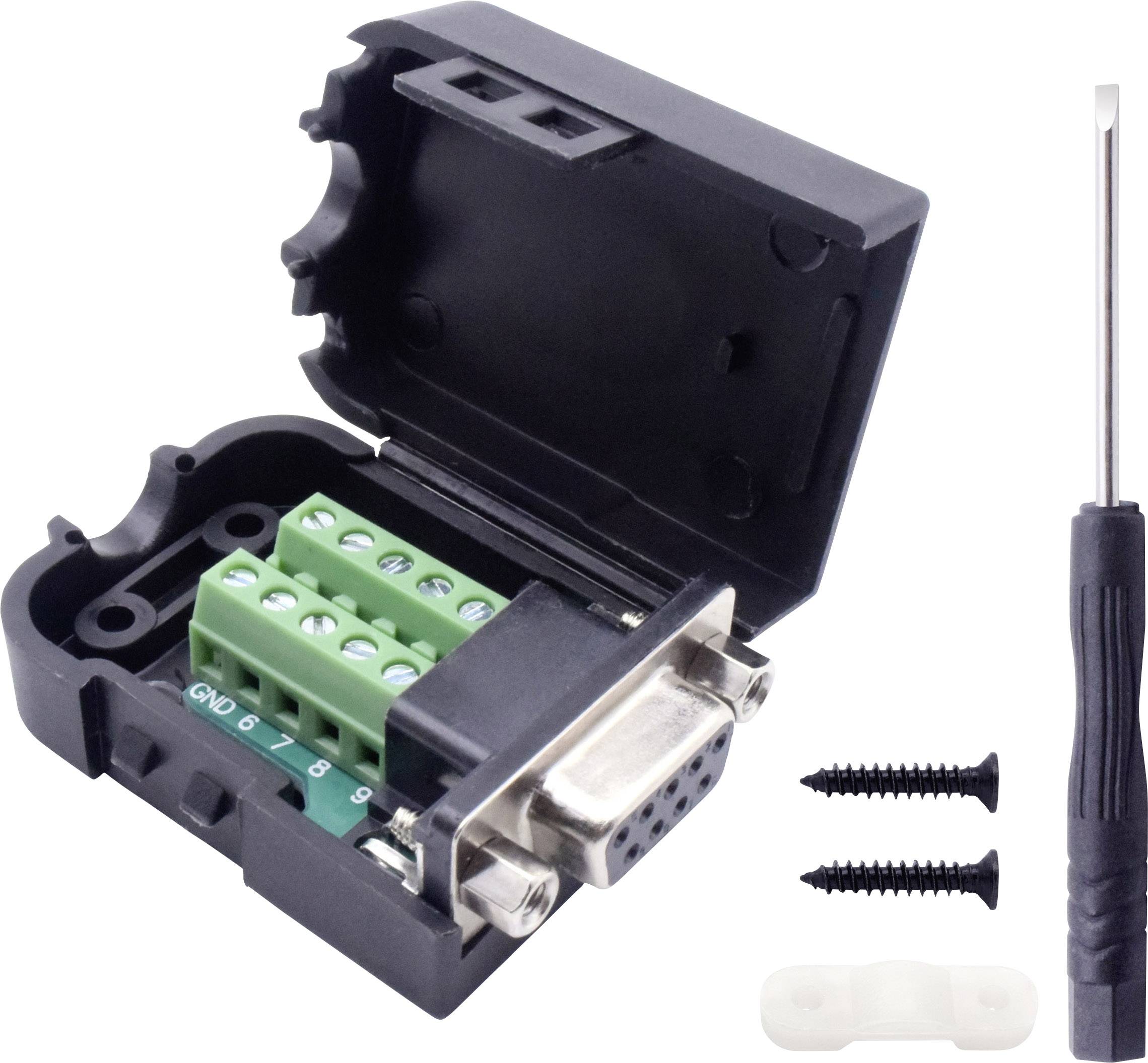 Ein geöffneter D-Sub-Stecker mit grünen Schraubklemmen, Schrauben, einem Schraubendreher und einer weißen Kabelklemme daneben.