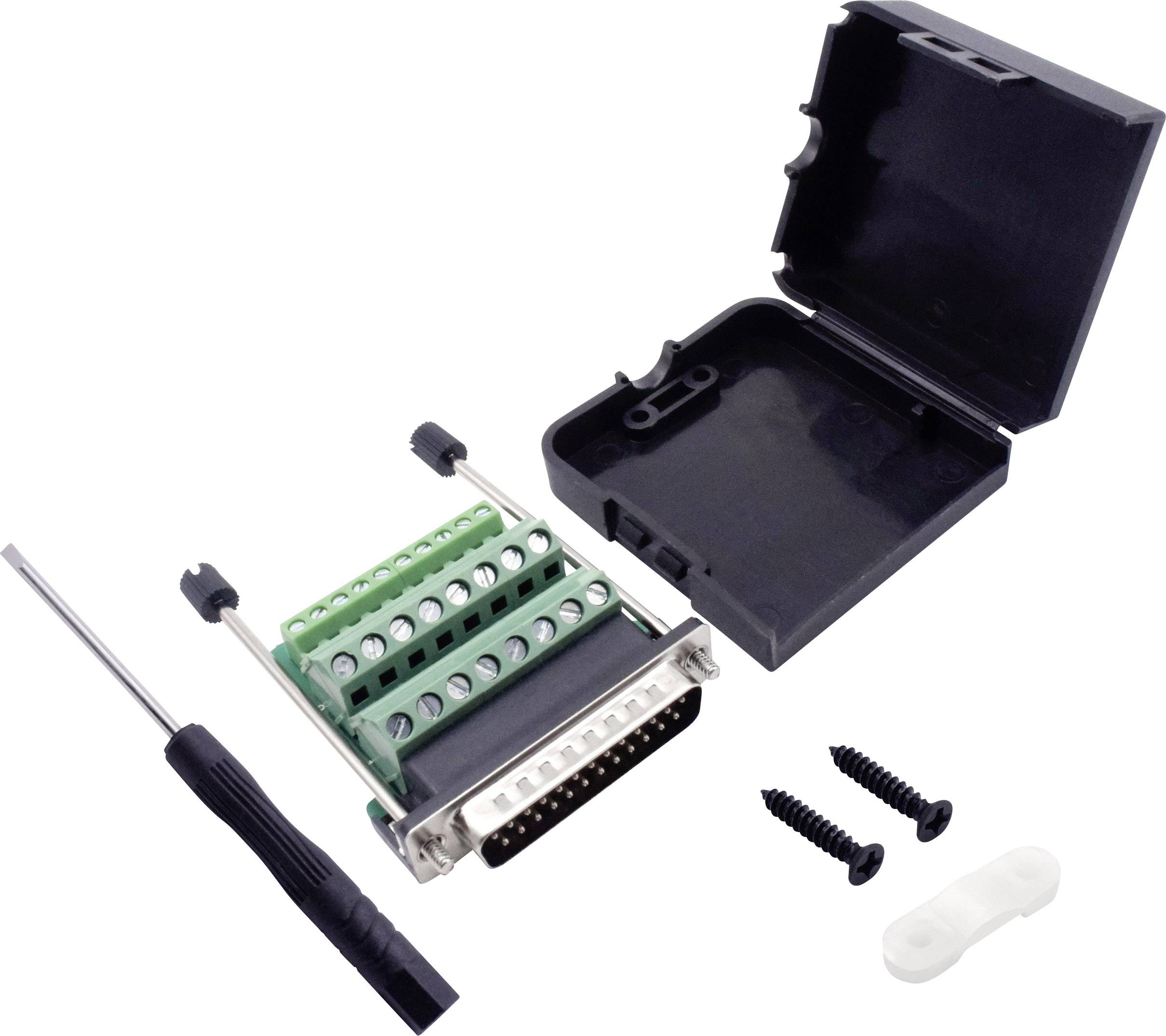 D-SUB-Steckverbinder-Kit mit offenem Gehäuse, Schraubendreher, zwei Schrauben und Halterung. Hauptkomponenten des Sets abgebildet.