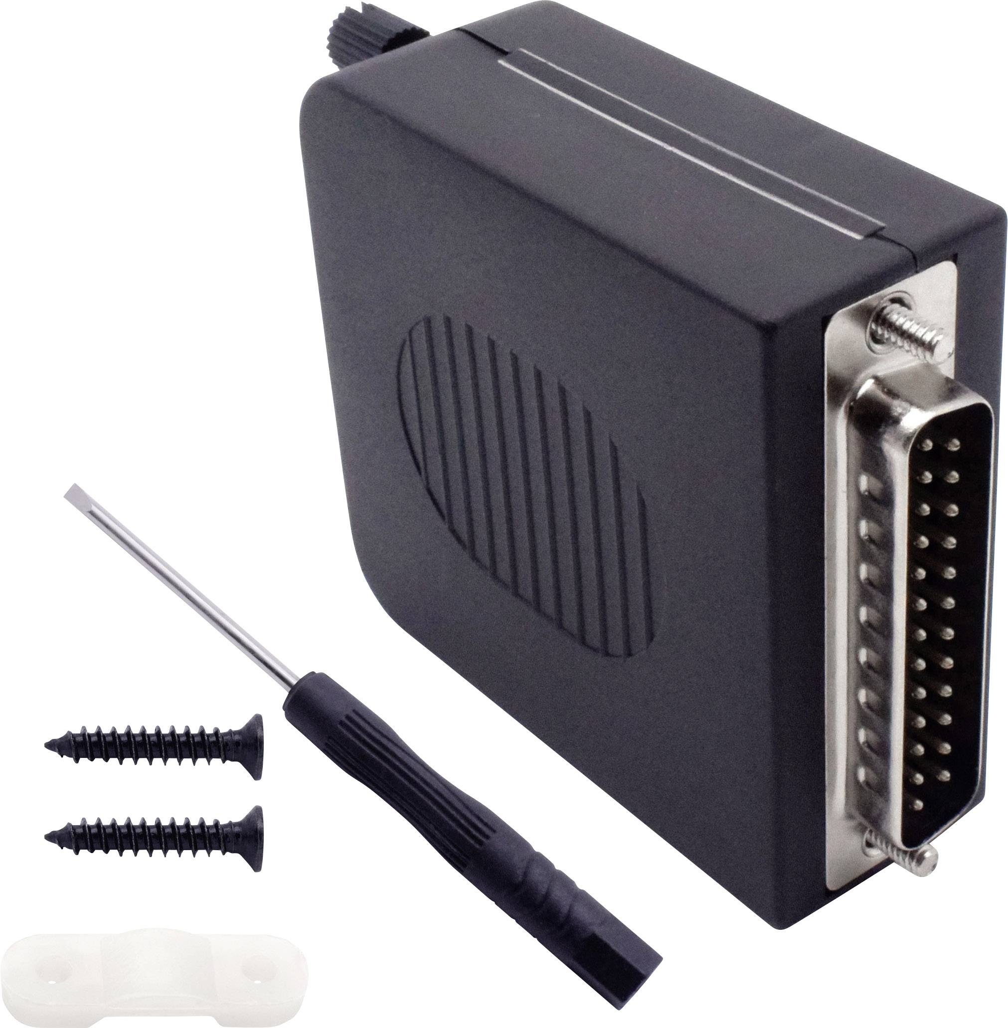 Ein schwarzer Adapter mit einem 25-poligen Stecker, begleitet von zwei Schrauben, einem Schraubendreher und einer Haltevorrichtung.