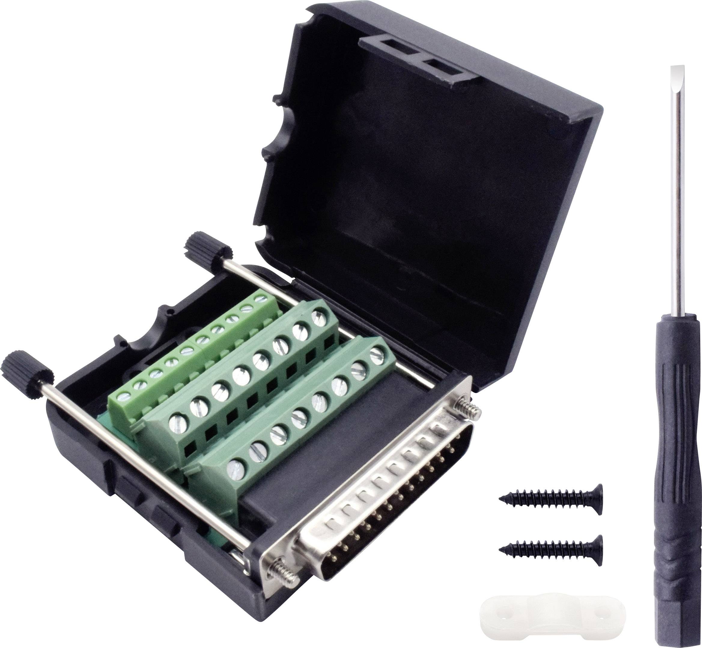 'Schraubklemmenadapter mit DB25-Anschluss, geöffnet, mit beiliegendem Schraubendreher und zwei schwarzen Schrauben.'