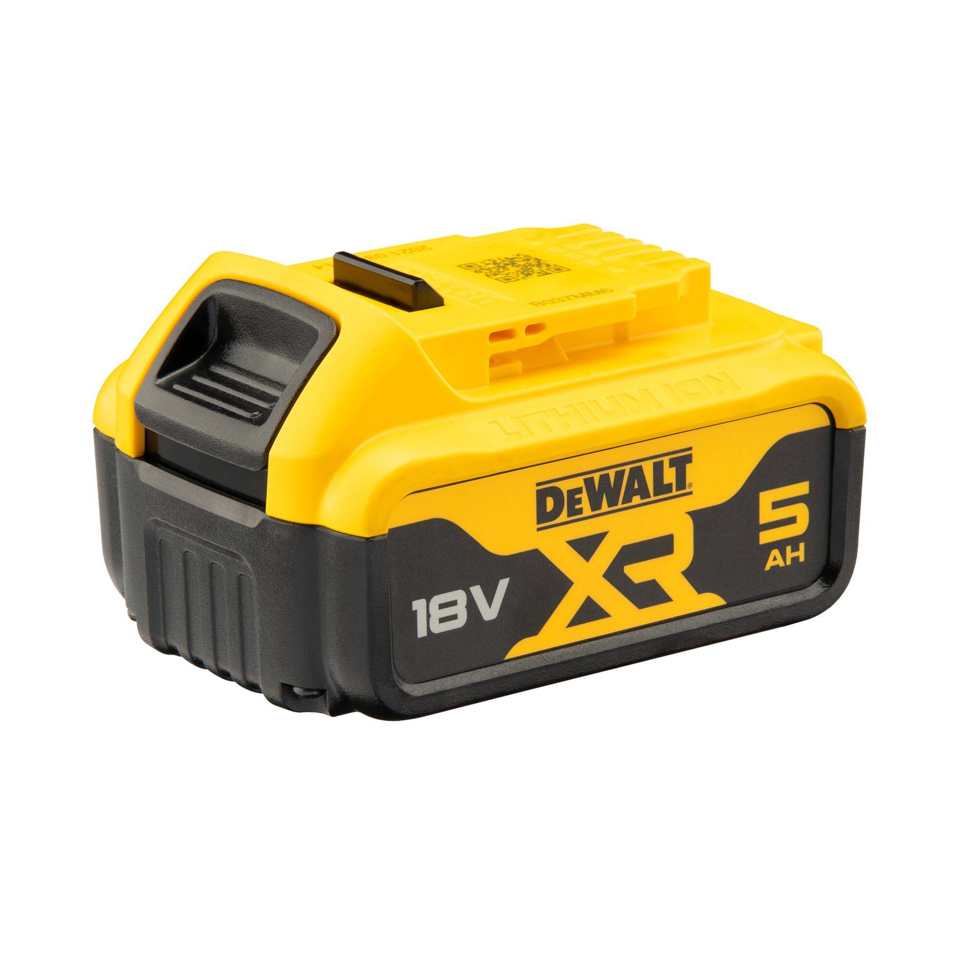 Ein gelber und schwarzer Dewalt 18V XR 5 Ah Akku, speziell für Elektrowerkzeuge, seitliche Ansicht.