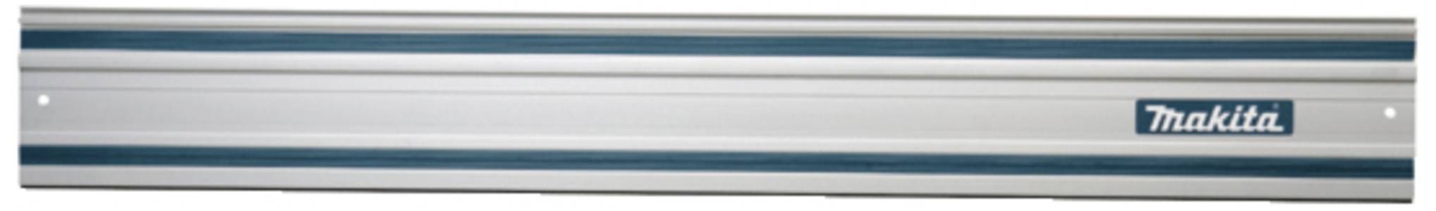 Metallschiene mit blauem Streifen und einem 'Makita'-Logo, verwendet als Führungsschiene für Werkzeuge.