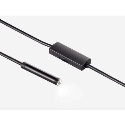 Kleine, schwarze, zylindrische LED-Leuchte mit daran befestigtem Kabel und Schalter, auf hellem Hintergrund, strahlt Licht nach vorne ab.