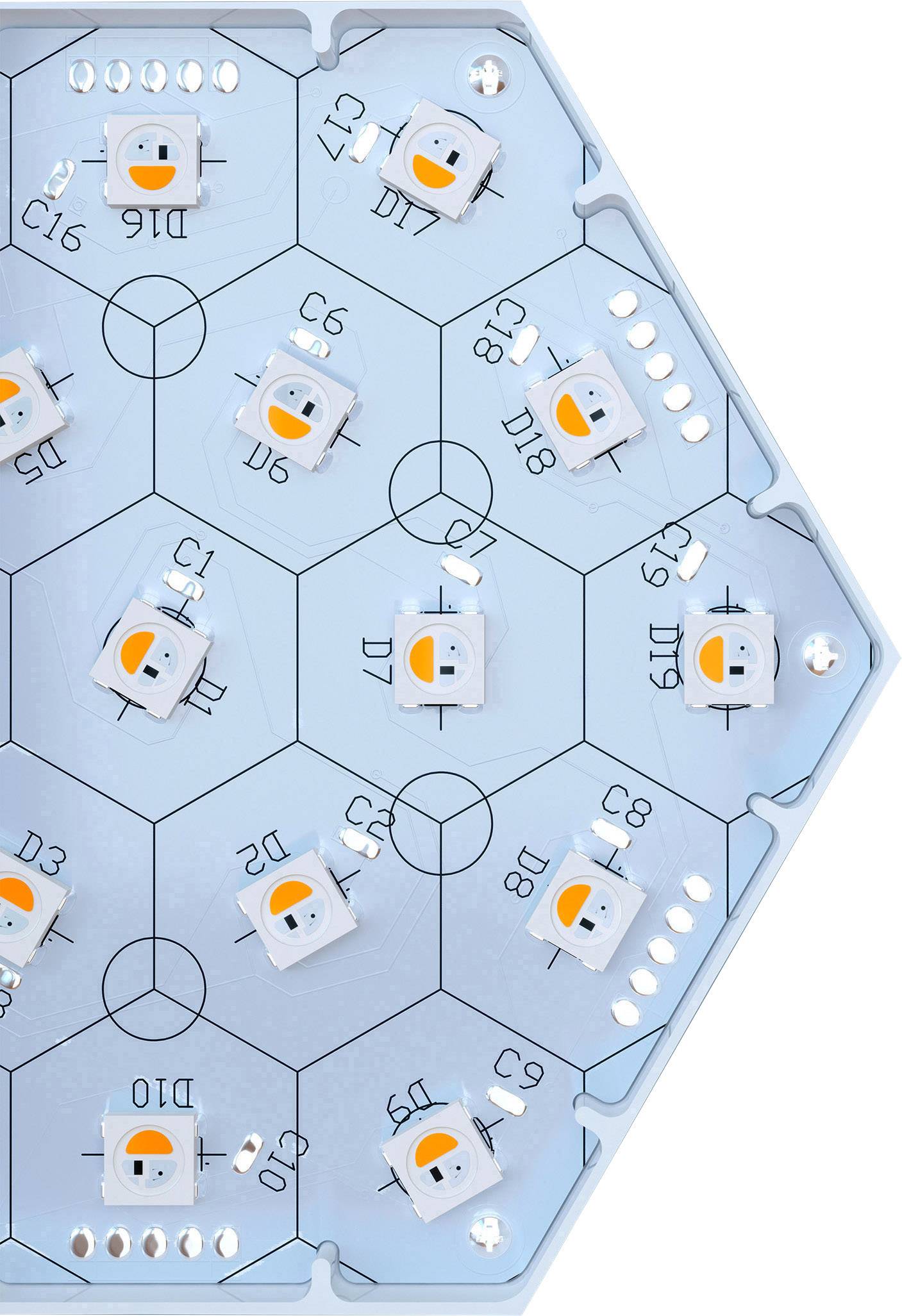 Hexagonal Leiterplatte mit mehreren RGB-LEDs und elektronischen Komponenten, blaues PCB-Design, deutlich sichtbare Leiterbahnen.