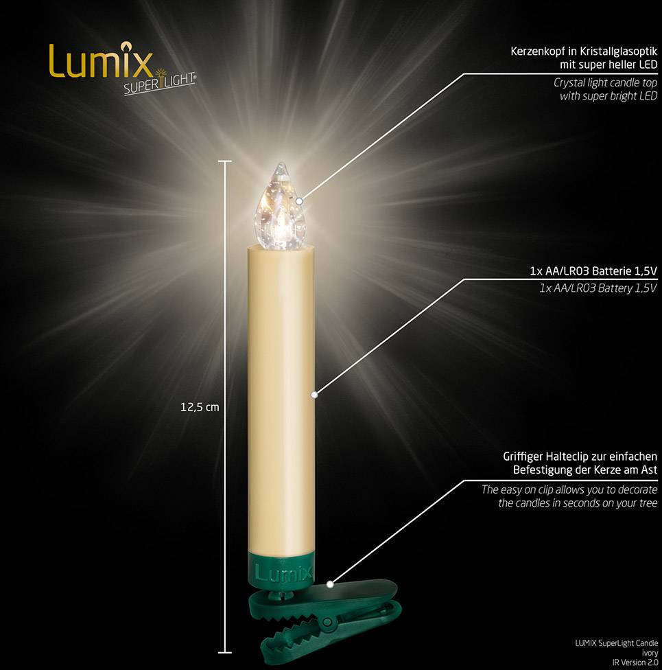 Kerze mit LED-Licht, Batteriefach, griffiger Halteclip zur Befestigung am Baum. Höhe 12,5 cm. Produktname 'Lumix' oben links.