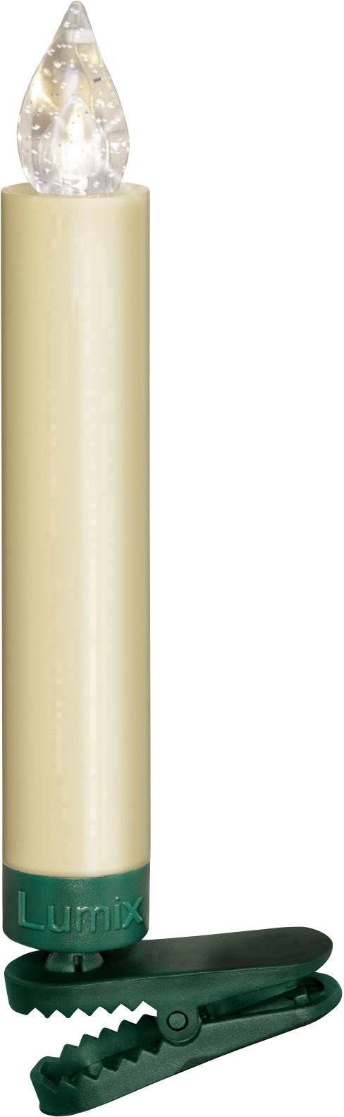 Kerzenförmiges LED-Licht in Beige mit einem grünen Clip zur Befestigung, leuchtet an der Spitze. Perfekt für Weihnachtsdekoration.