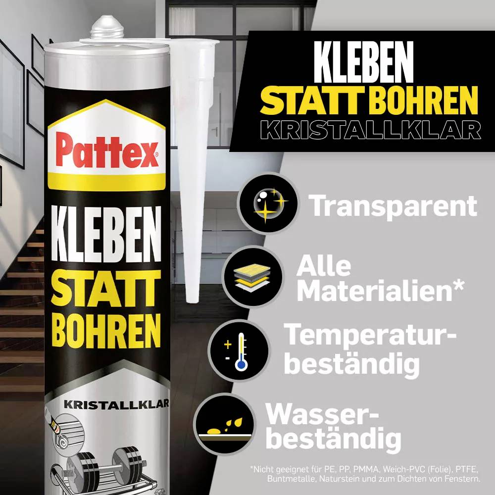 'Pattex Kleben statt Bohren' Kleber in Kristallklar. Geeignet für alle Materialien, transparent, temperaturbeständig, wasserbeständig.