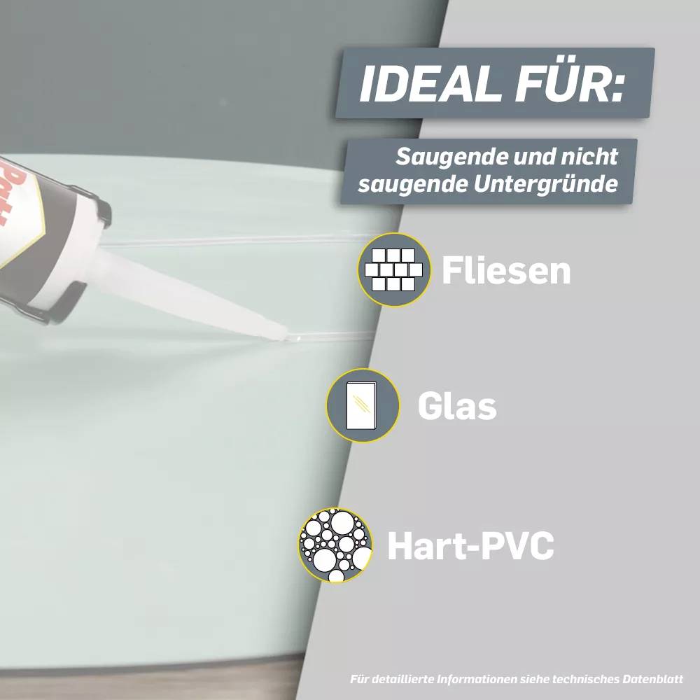 'Dichtstoff wird auf grünen Hintergrund aufgetragen. Ideal für Fliesen, Glas und Hart-PVC.'