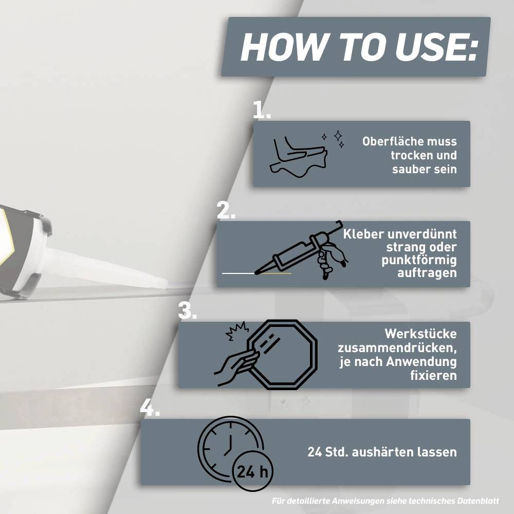 'How to use': Anleitung zur Anwendung eines Klebers in vier Schritten: Oberfläche reinigen, Kleber auftragen, Teile zusammendrücken, 24 Stunden trocknen lassen.