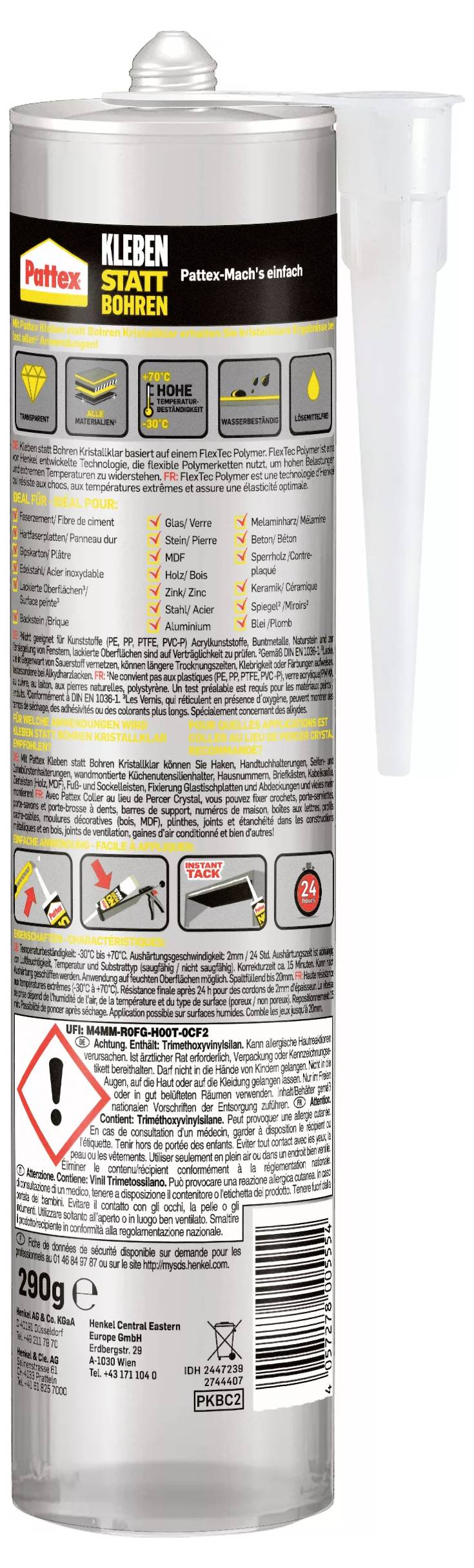 Kleberkartusche für 'Pattex Kleben statt Bohren', 290g, mit detaillierten Anleitungen zur Anwendung und Sicherheitsinformationen auf der Rückseite.