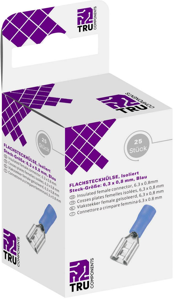 TRU COMPONENTS T1904C039 Flachsteckhülsen-Sortiment Steckbreite: 6.30 mm Steckdicke: 0.80 mm 180 ° Teilisoliert Blau 25 ...