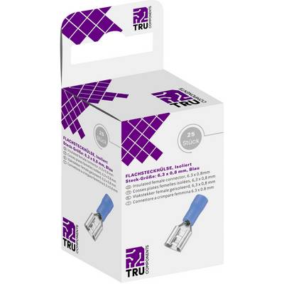 'Flachsteckhülsen, isoliert, 6,3 x 0,8 mm, 25 Stück' steht auf einer weißen Verpackung mit lila Karomuster und Produktabbildung.