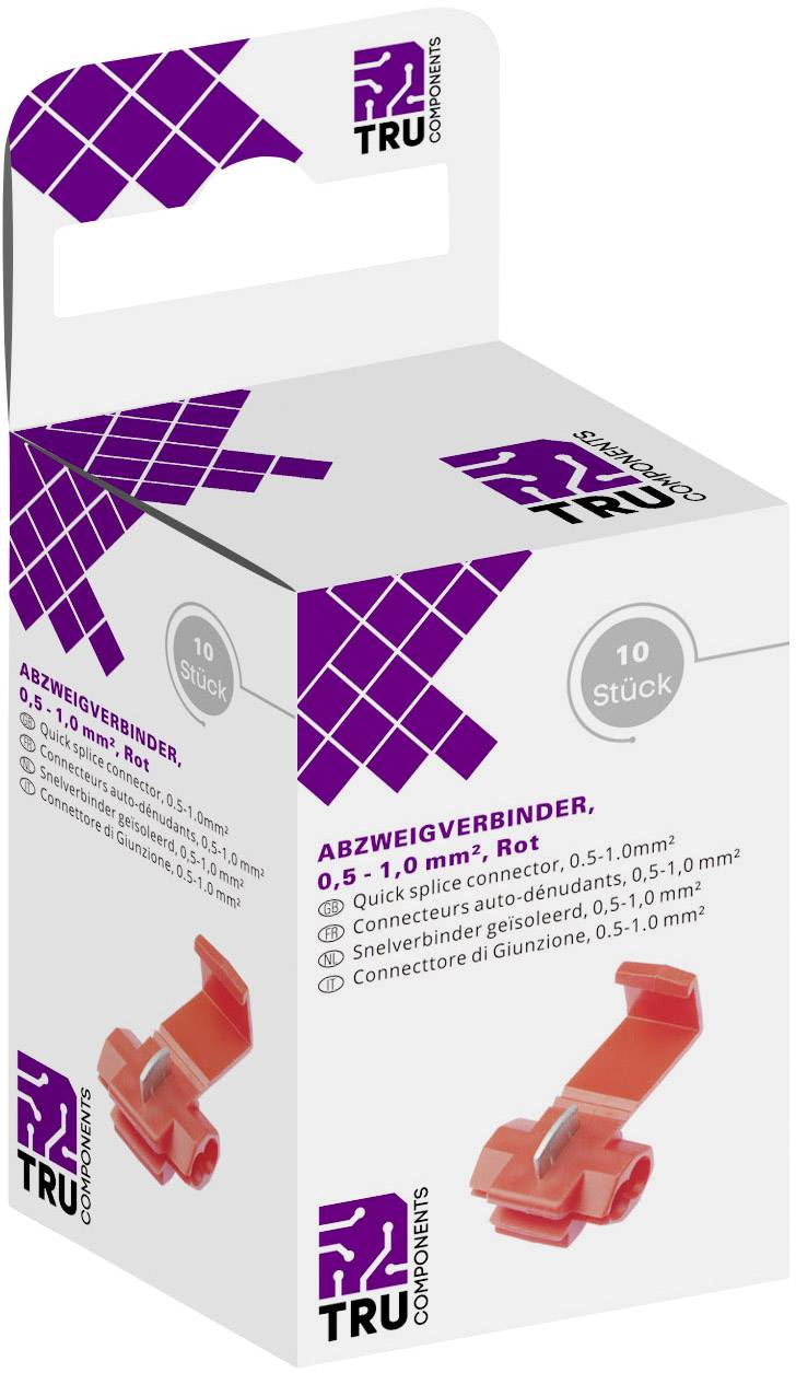 Rote Abzweigverbinder, 0,5-1,0 mm², 10 Stück pro Box, auf weißem Karton mit lila Logo und geometrischem Muster.