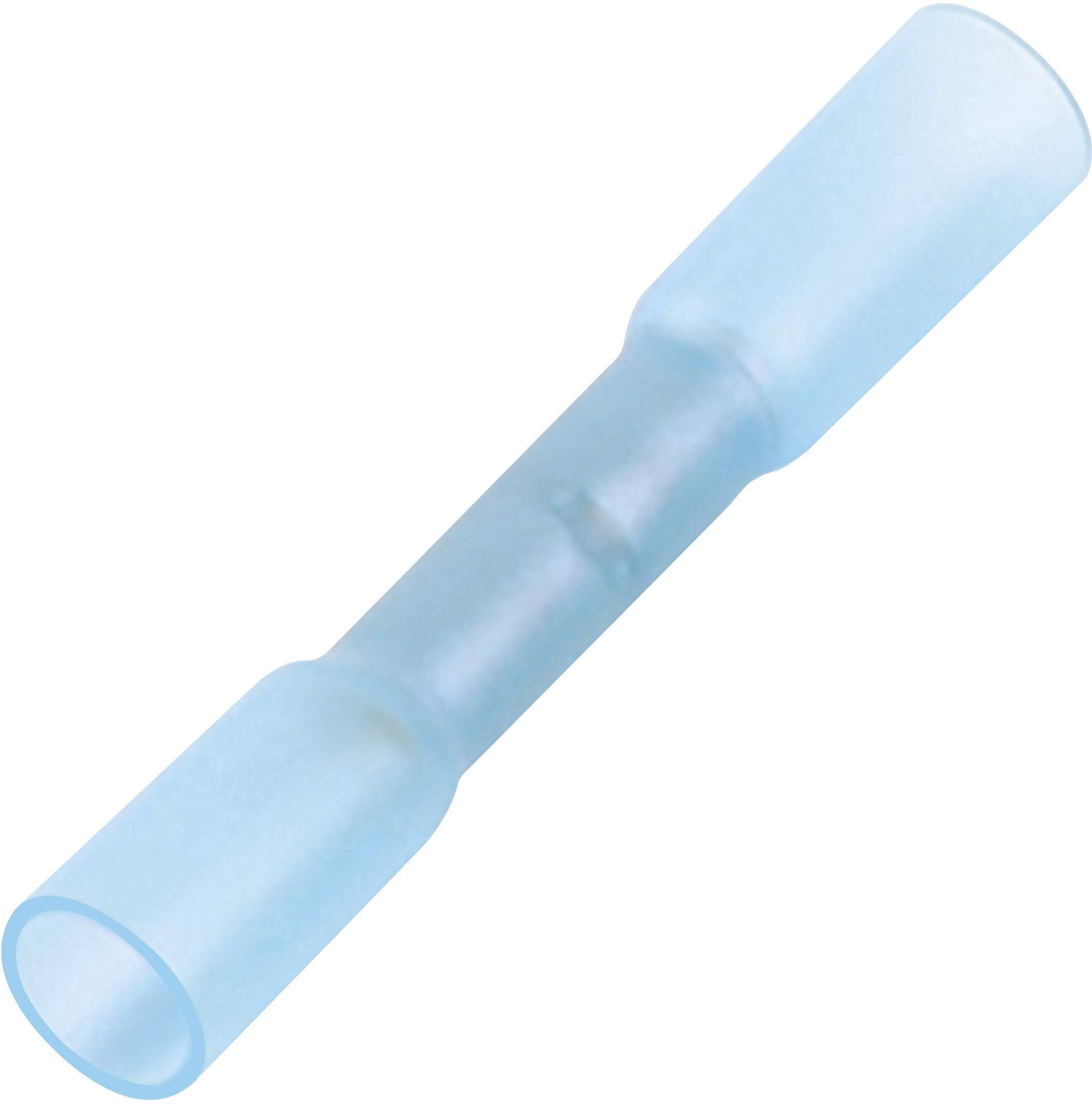 Ein blauer isolierter Verbinder für elektrische Kabel, zylindrisch mit breitem Mittelteil, für feste Verbindungen.