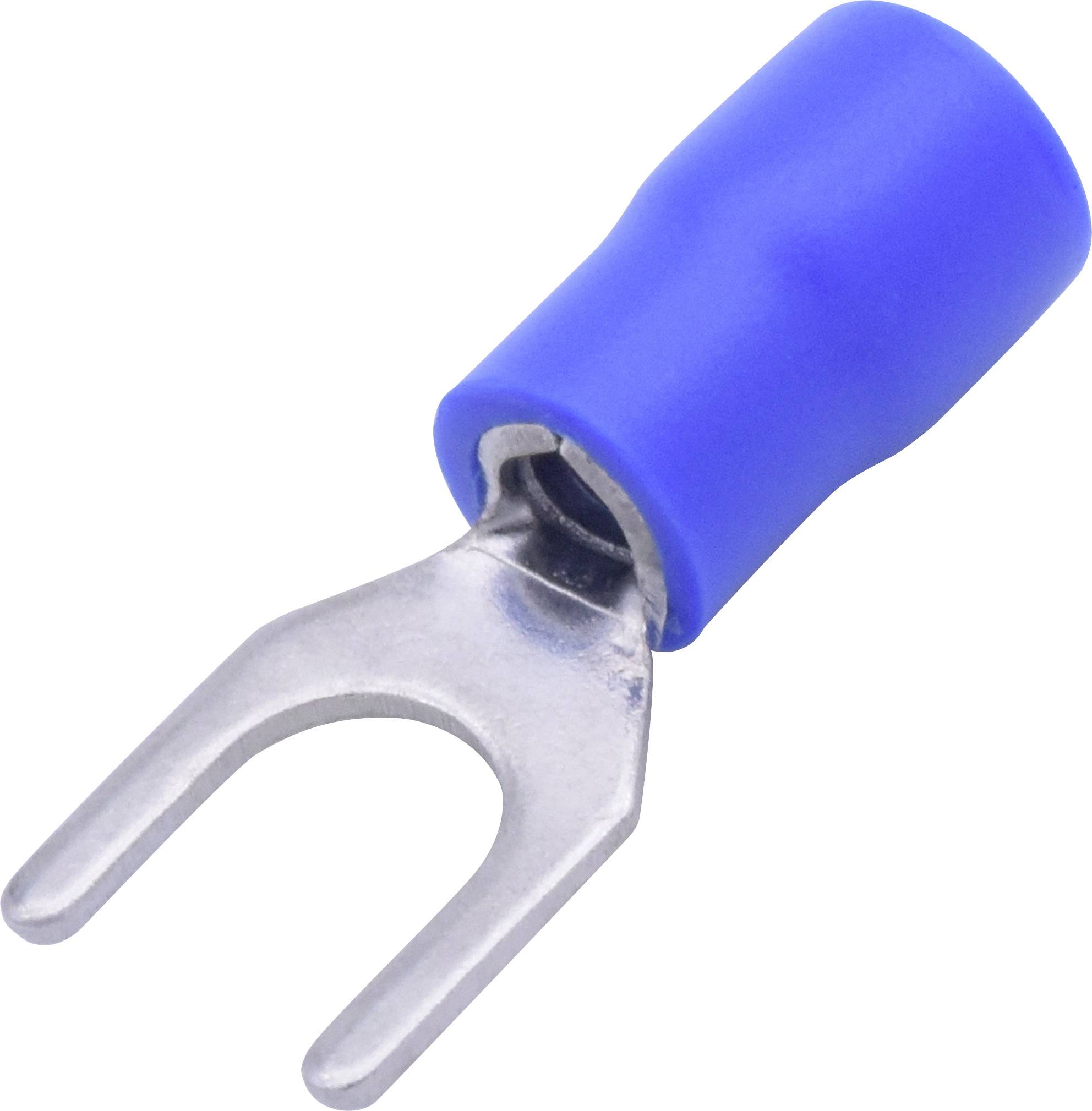 Ein blau isolierter Gabelkabelschuh aus Metall zur elektrischen Verbindung. Hauptsächlich in Verkabelungsanwendungen verwendet.