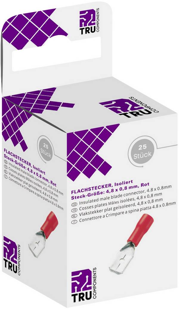 TRU COMPONENTS T1904C109 Flachstecker-Sortiment Steckbreite: 4.80 mm Steckdicke: 0.80 mm 180 ° Teilisoliert Rot 25 St.