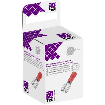 Eine Schachtel mit roten Flachsteckhülsen von TRU Components, 25 Stück, Größe 2,8 x 0,8 mm, isoliert. Enthält Produktdetails.