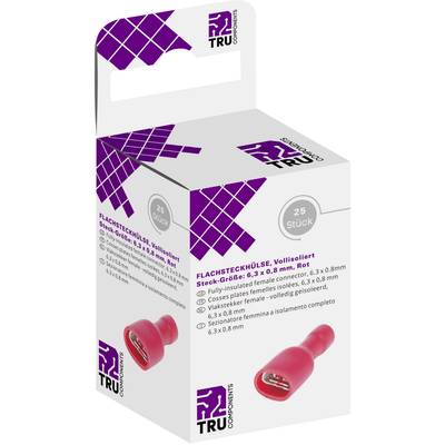 Verpackung für 25 Stück vollisolierte Flachsteckhülsen, rot, Größe 6,3 x 0,8 mm.