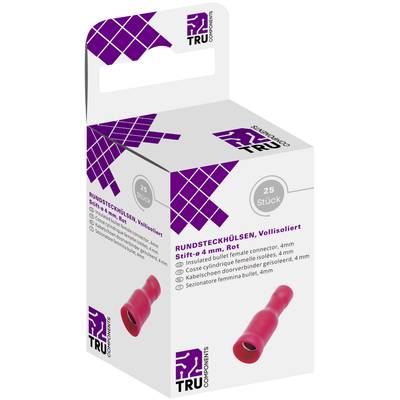 Verpackung einer Rundsteckhülsen, vollisoliert, 4 mm, rot, 25 Stück, von TRU Components. Verwendet zur elektrischen Verbindung.