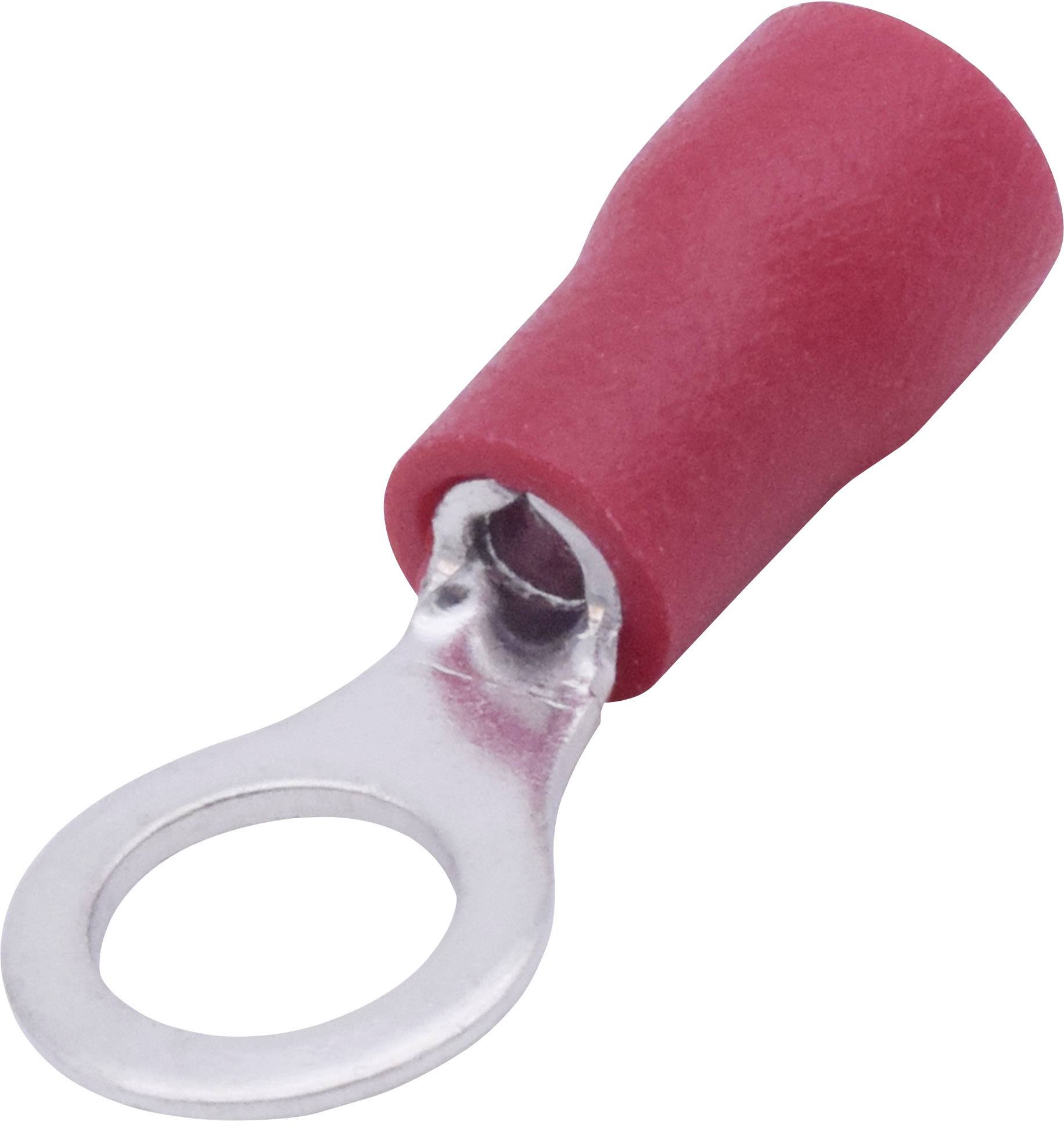 Roter Ringkabelschuh mit Metallöse, der zur Verbindung elektrischer Kabel verwendet wird.