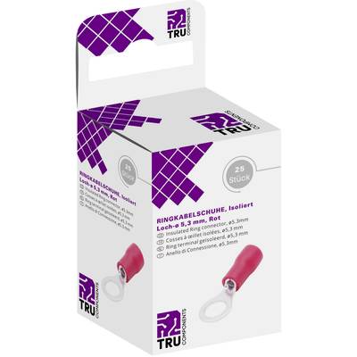 'Verpackung mit 25 roten Ringkabelschuhen, isoliert, Loch-Ø 5,3 mm. Marke TRU Components.'