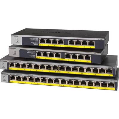 Vier gestapelte Netzwerkswitches von Netgear mit 16 bis 48 Ethernet-Ports jeweils, geeignet zur Verwaltung und Verteilung von Netzwerkverkehr.
