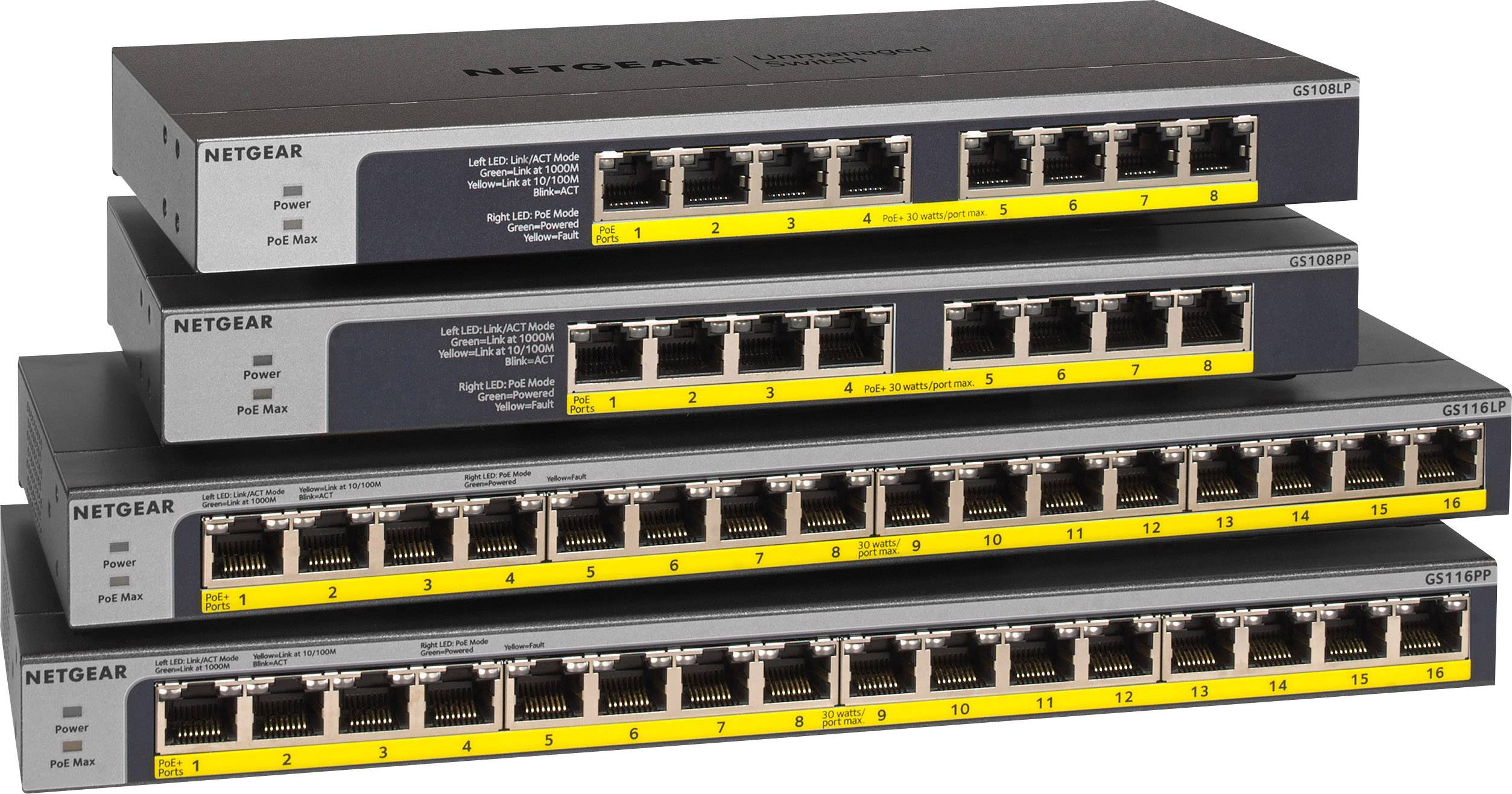 'Stapel von vier Netgear-Netzwerkswitches mit jeweils 16 bis 24 Ethernet-Ports auf der Vorderseite, geeignet für Datenvernetzung.'
