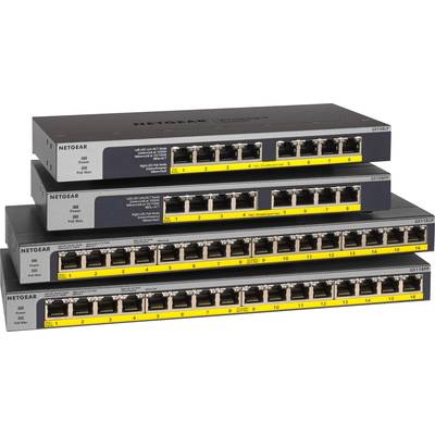 'Stapel von vier Netgear-Netzwerkswitches mit jeweils 16 bis 24 Ethernet-Ports auf der Vorderseite, geeignet für Datenvernetzung.'