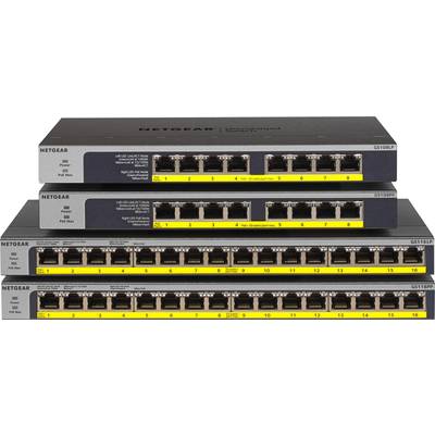 Mehrere Netzwerk-Switches von Netgear mit zahlreichen Ethernet-Ports, die gestapelt sind. Etiketten zeigen Portnummern und Statusanzeigen.