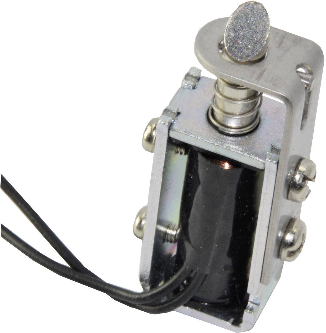 Ein kleiner, rechteckiger Elektromagnet mit metallischen Komponenten und zwei schwarzen Kabeln, die aus der Unterseite herausführen.
