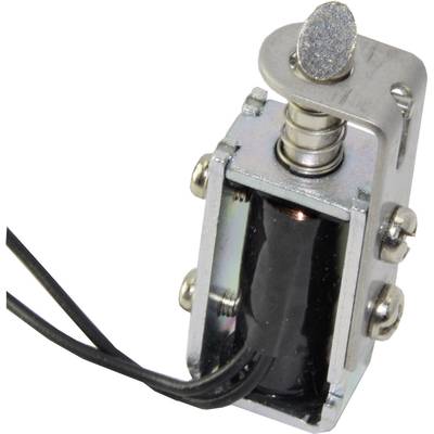 Ein kleiner, rechteckiger Elektromagnet mit metallischen Komponenten und zwei schwarzen Kabeln, die aus der Unterseite herausführen.