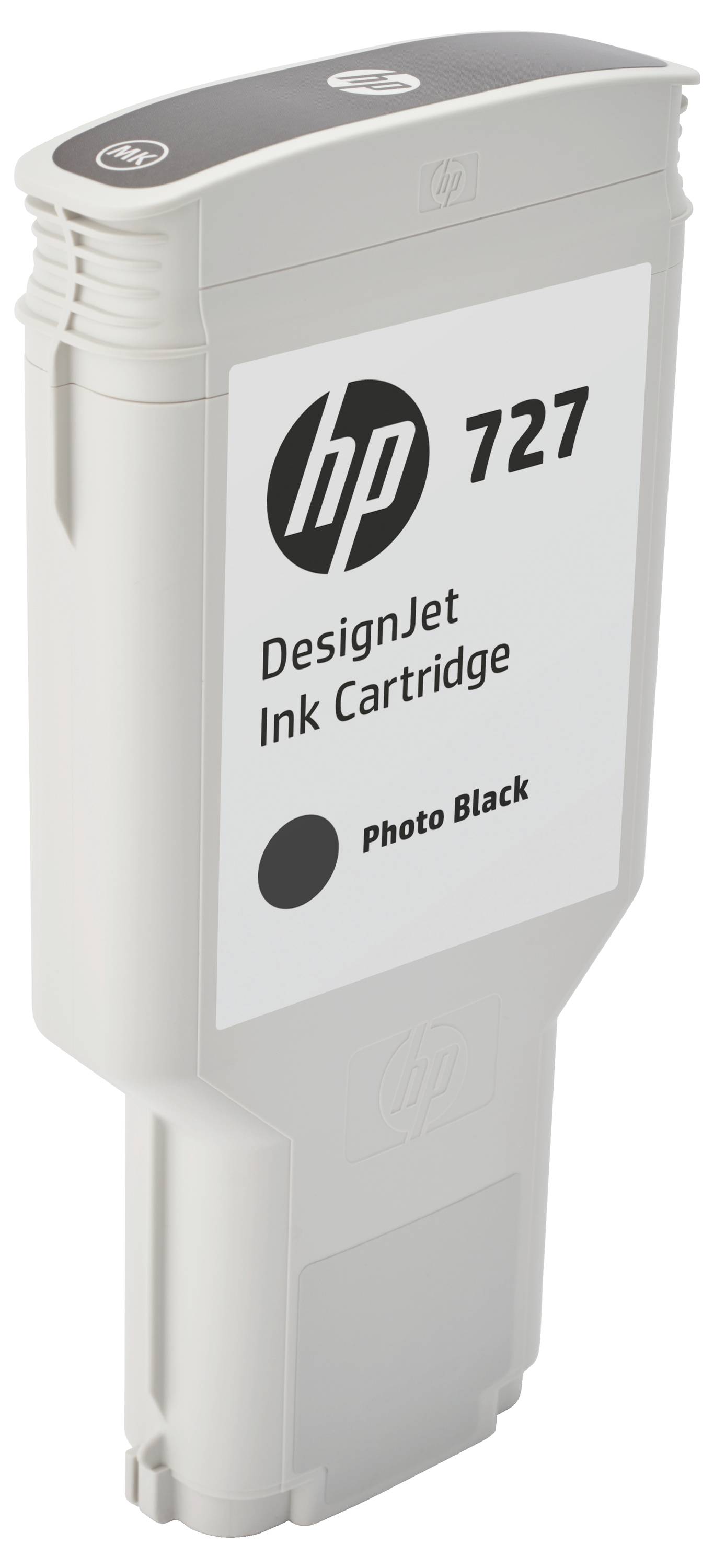 HP 727 DesignJet Tintenpatrone mit der Bezeichnung „Fotoschwarz" in einem grauen Kunststoffgehäuse.