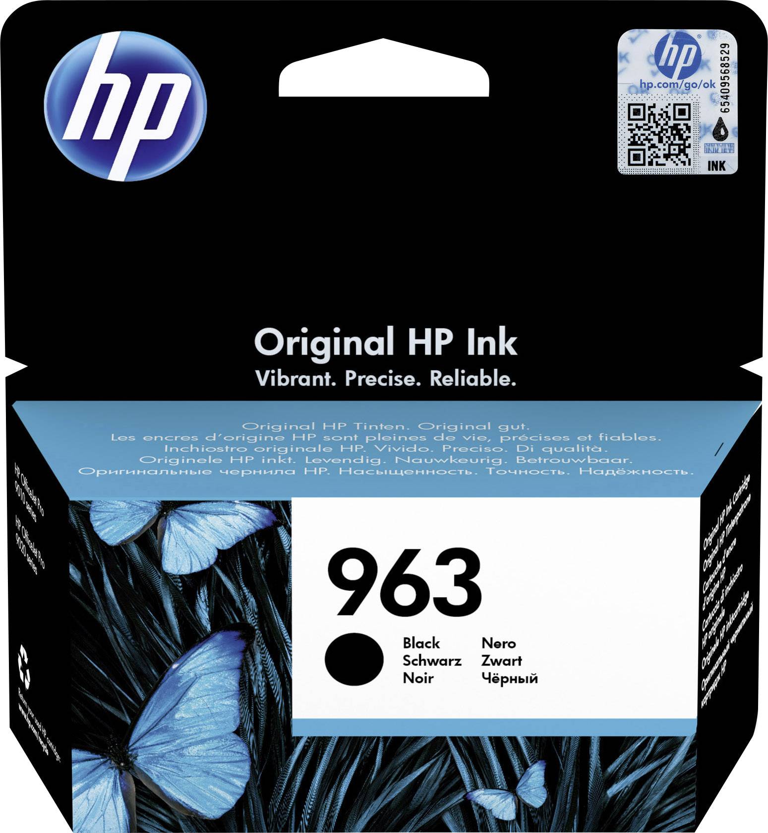 HP Tintenpatrone Verpackung, Modell 963, Schwarz. Blaue Schmetterlinge im Design. Slogan: 'Vibrant. Precise. Reliable.'