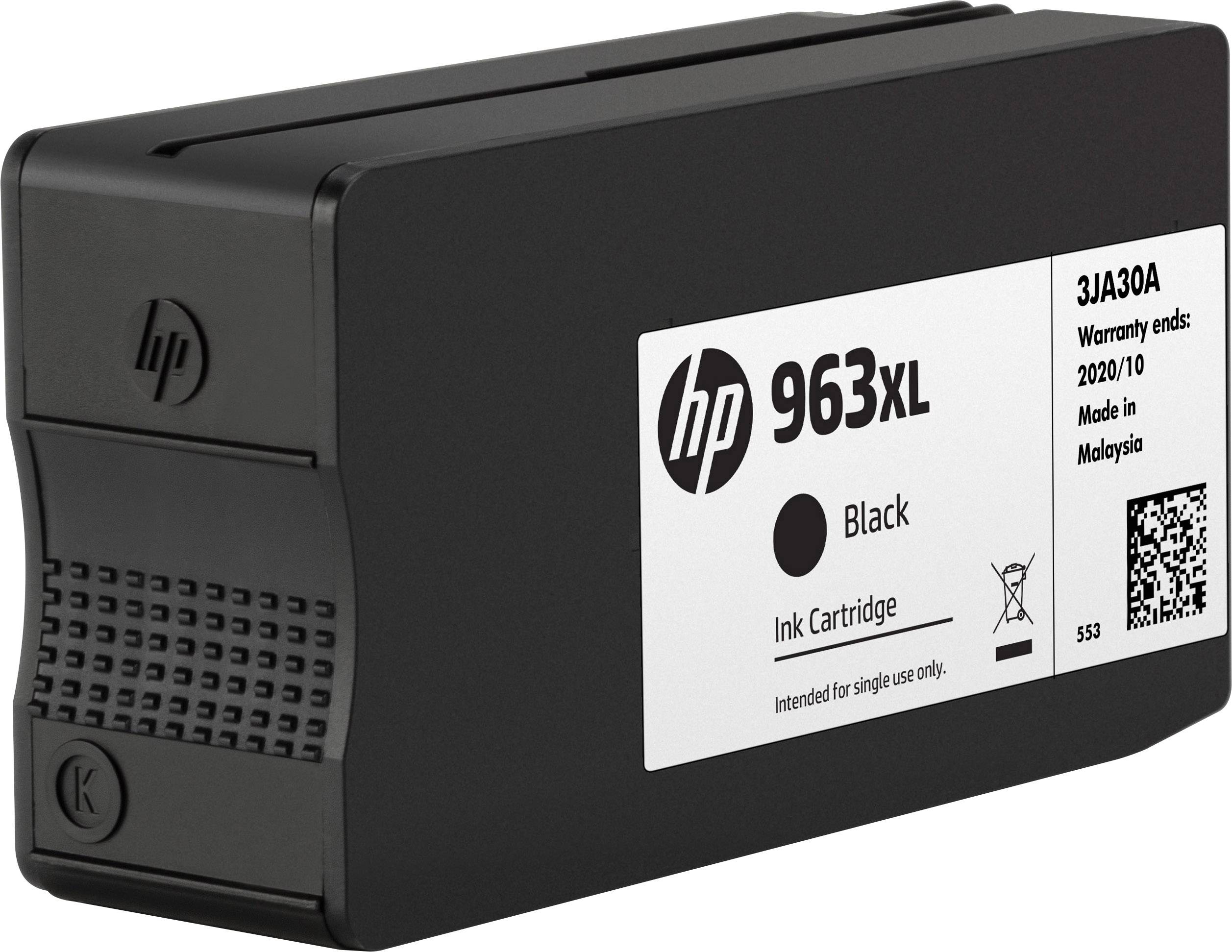 Schwarze HP 963XL Tintenpatrone, Beschriftung: 'Black Ink Cartridge', Hinweis: 'Nur für einmaligen Gebrauch'. Hergestellt in Malaysia.