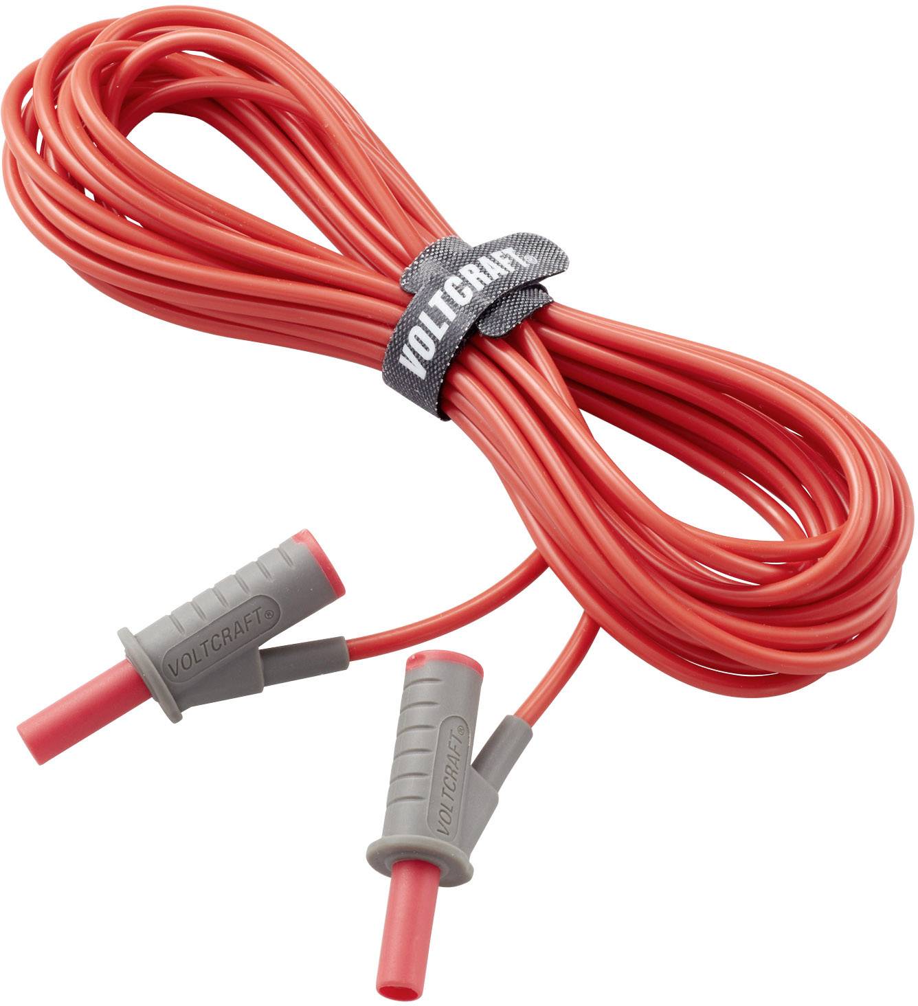 Rotes Messkabel mit zwei grauen Steckern, gebündelt mit Klettband.