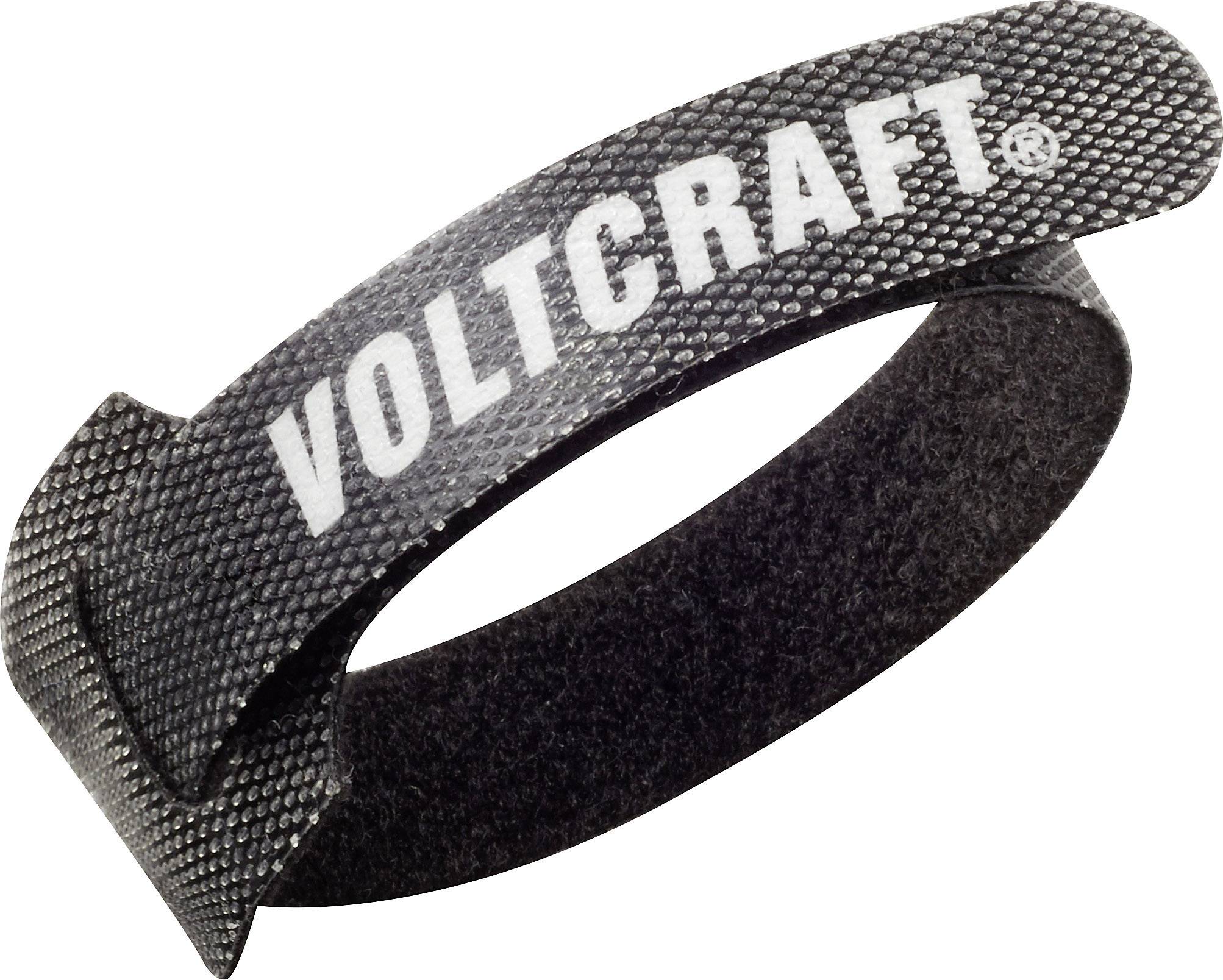 Ein grauer Klettkabelbinder mit der Aufschrift 'Voltcraft' hilft, Kabel zu organisieren und zu sichern.