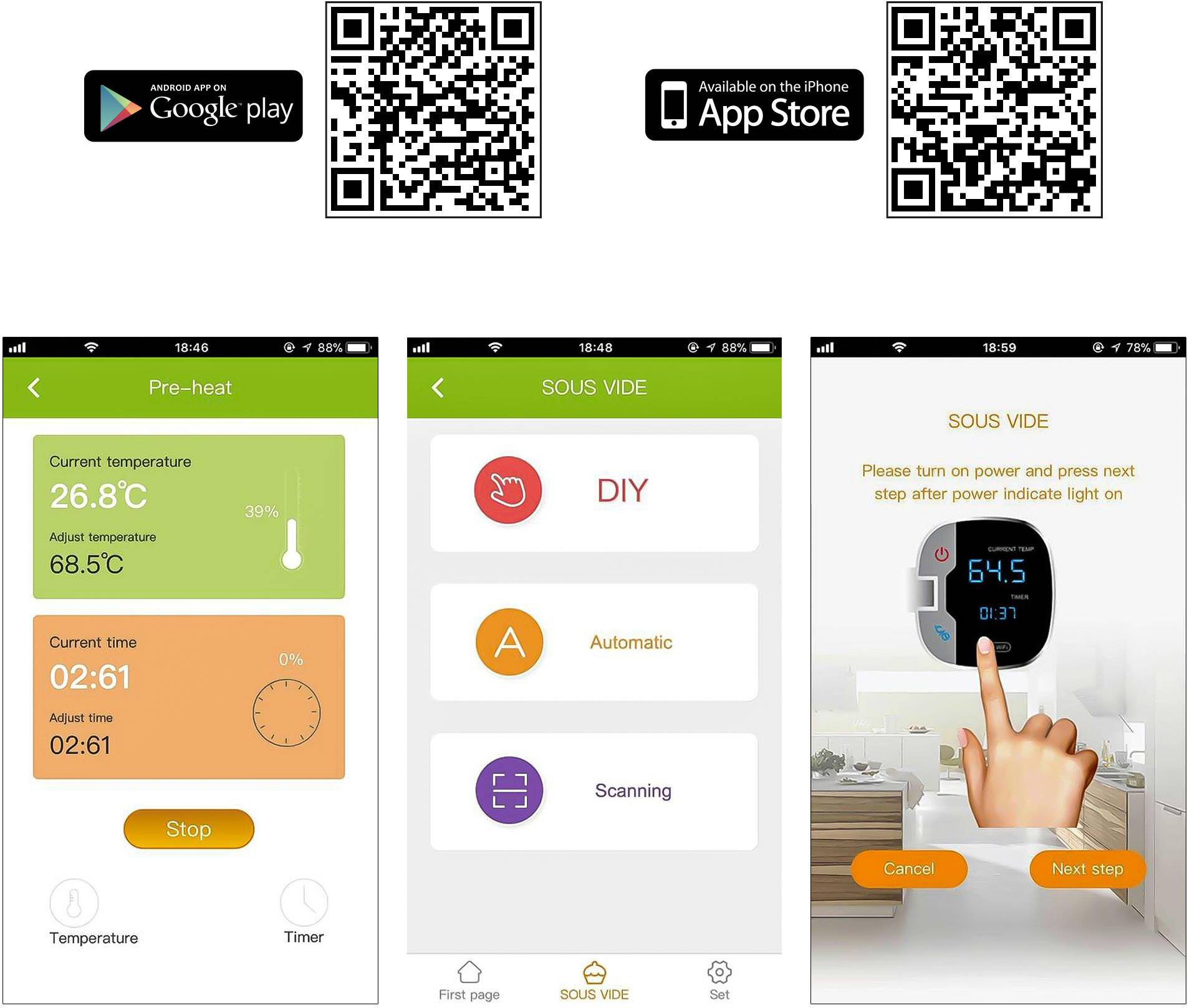 Die Abbildung zeigt eine Smartphone-App-Schnittstelle für das Sous-vide-Kochen mit Temperaturkontrollen, Timer und Anweisungen. QR-Codes für Google Play und App Store sind oben.