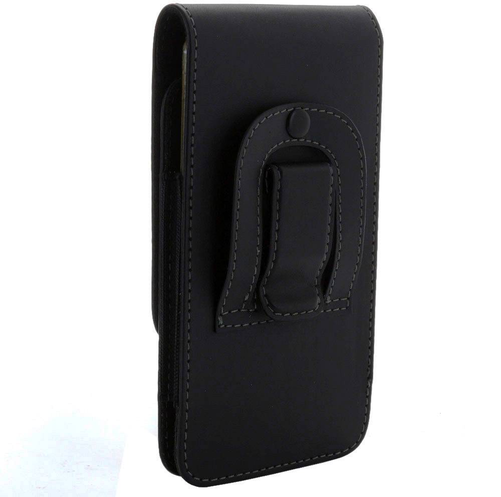 Schwarze lederne Handyhülle mit Gürtelschlaufe und Clip auf der Rückseite.