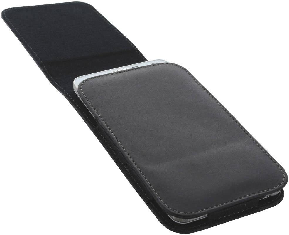 Schwarzes Lederetui mit Klappe, das ein Smartphone vollständig umschließt und schützt.