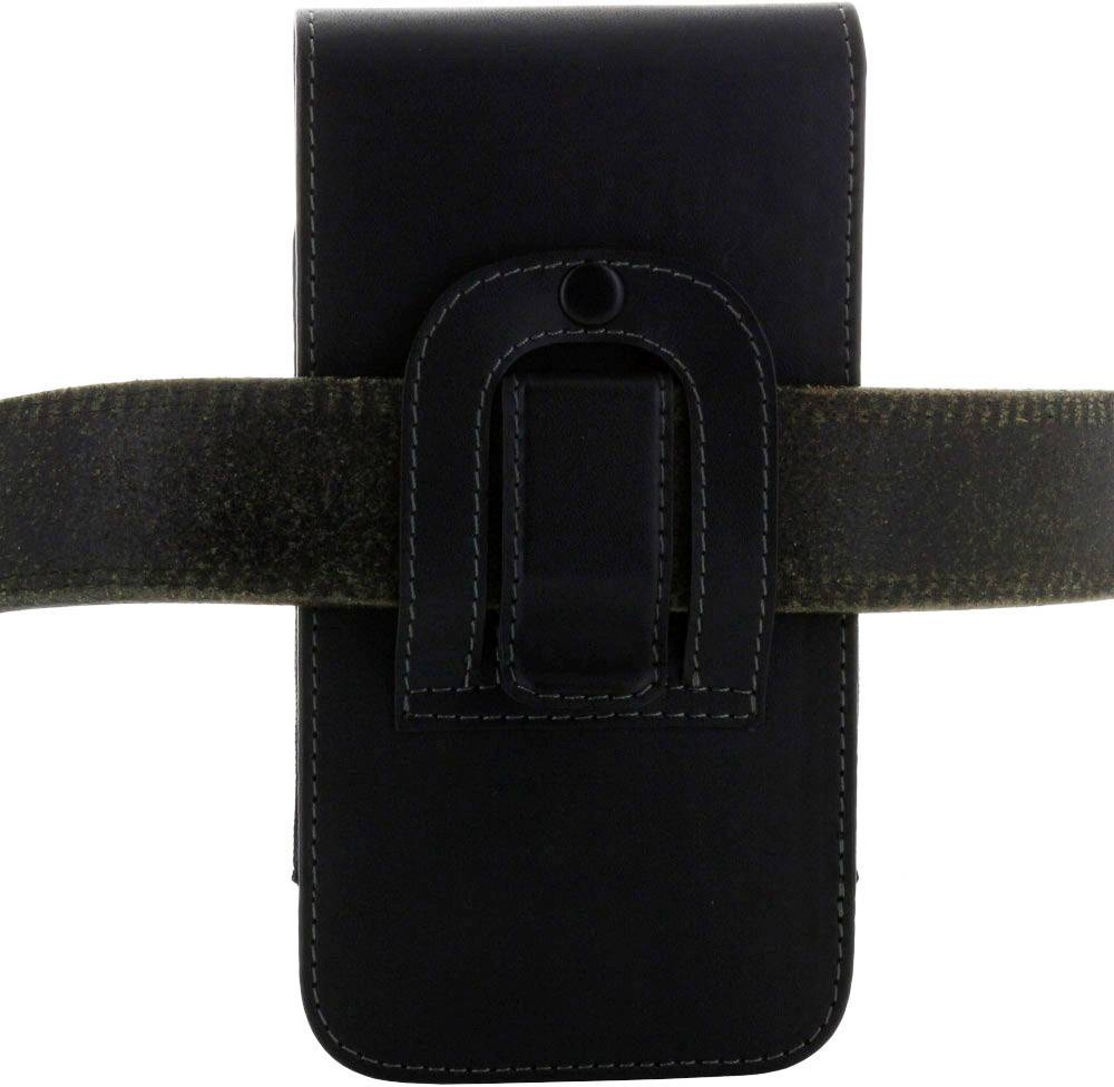 Schwarze Ledertasche mit Belt-Clip, vertikal ausgerichtet. Geeignet für die Befestigung an einem Gürtel zur Aufbewahrung eines kleinen Geräts.