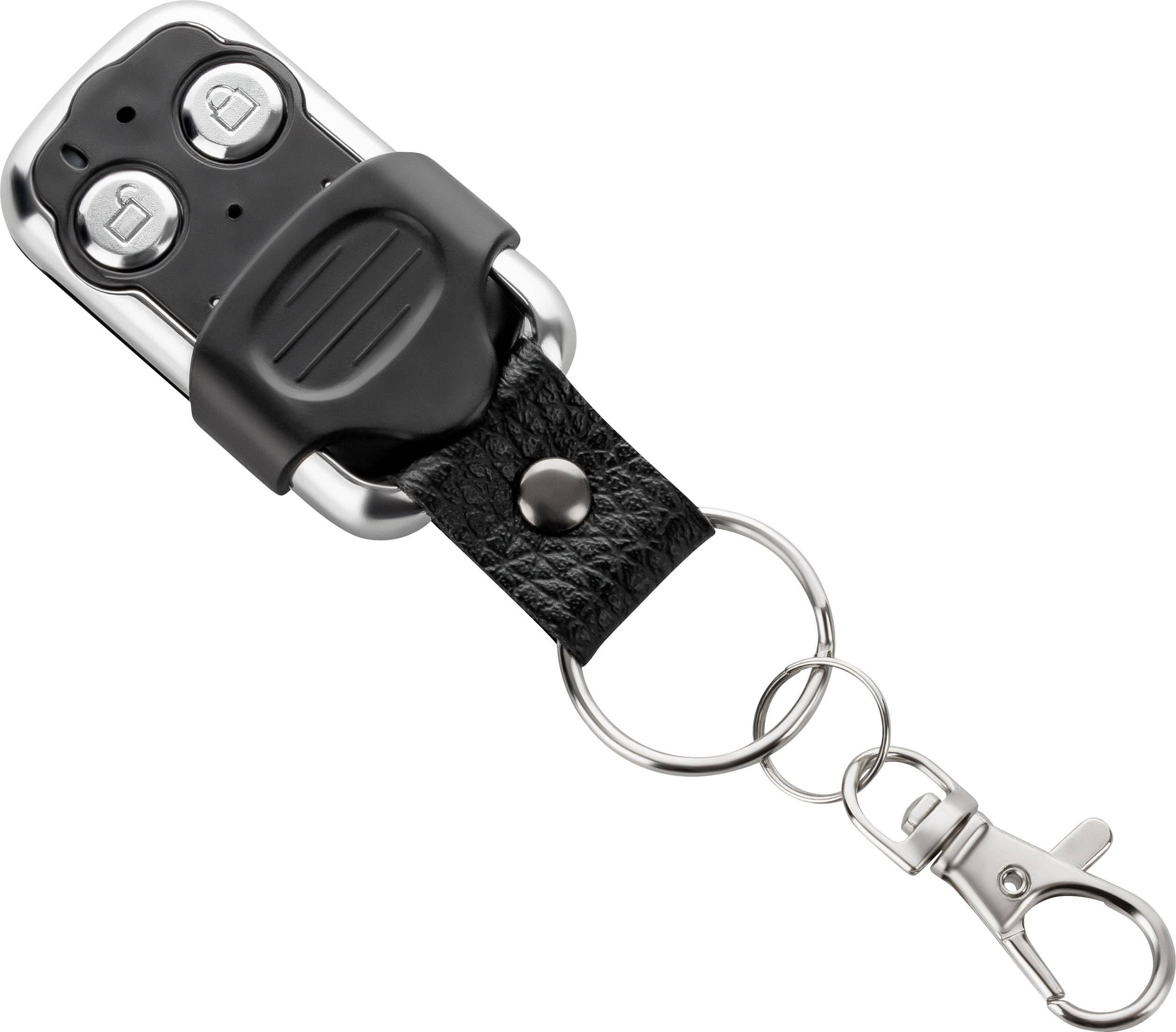 Fernbedienung mit zwei silbernen Tasten und schwarzem Lederanhänger, an einem Schlüsselring mit Karabinerhaken befestigt.