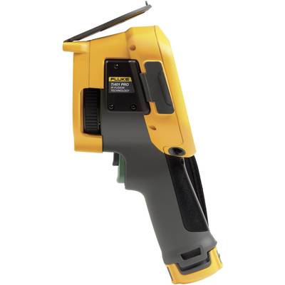 Fluke Wärmebildkamera, seitliche Ansicht. Grauer Griff mit gelbem Gehäuse, Display ausgeklappt. Verwendet für Temperaturmessungen.