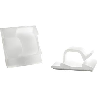 Zwei weiße Plastikclips, die auf einer Oberfläche liegen. Sie haben eine gebogene Struktur und dienen zur Befestigung von flachen Kabeln.