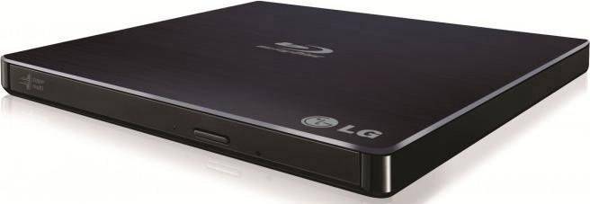 Externer LG Blu-ray-Brenner in schwarzem Gehäuse. Dünnes und rechteckiges Design mit sichtbarem LG-Logo und Blu-ray-Symbol.